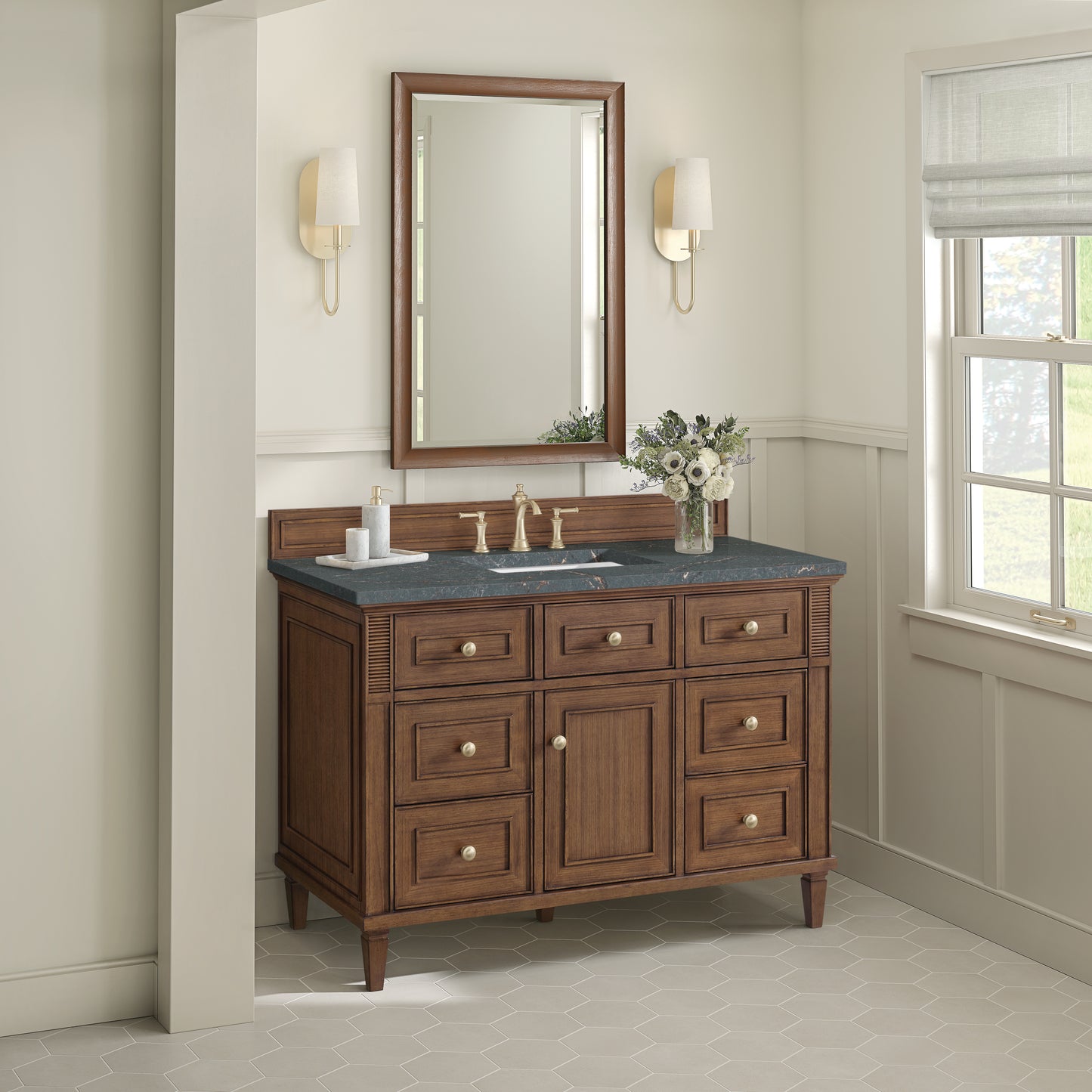 Lorelai 48" Single Vanity, Mid-Century Walnut w/ 3 CM Parisien Bleu Silestone Top