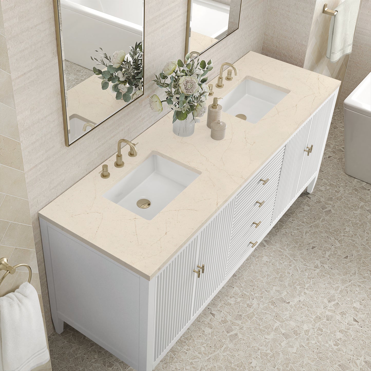 Myrrin 72" Double Vanity, Bright White w/ 3 CM Eternal Marfil Silestone Top