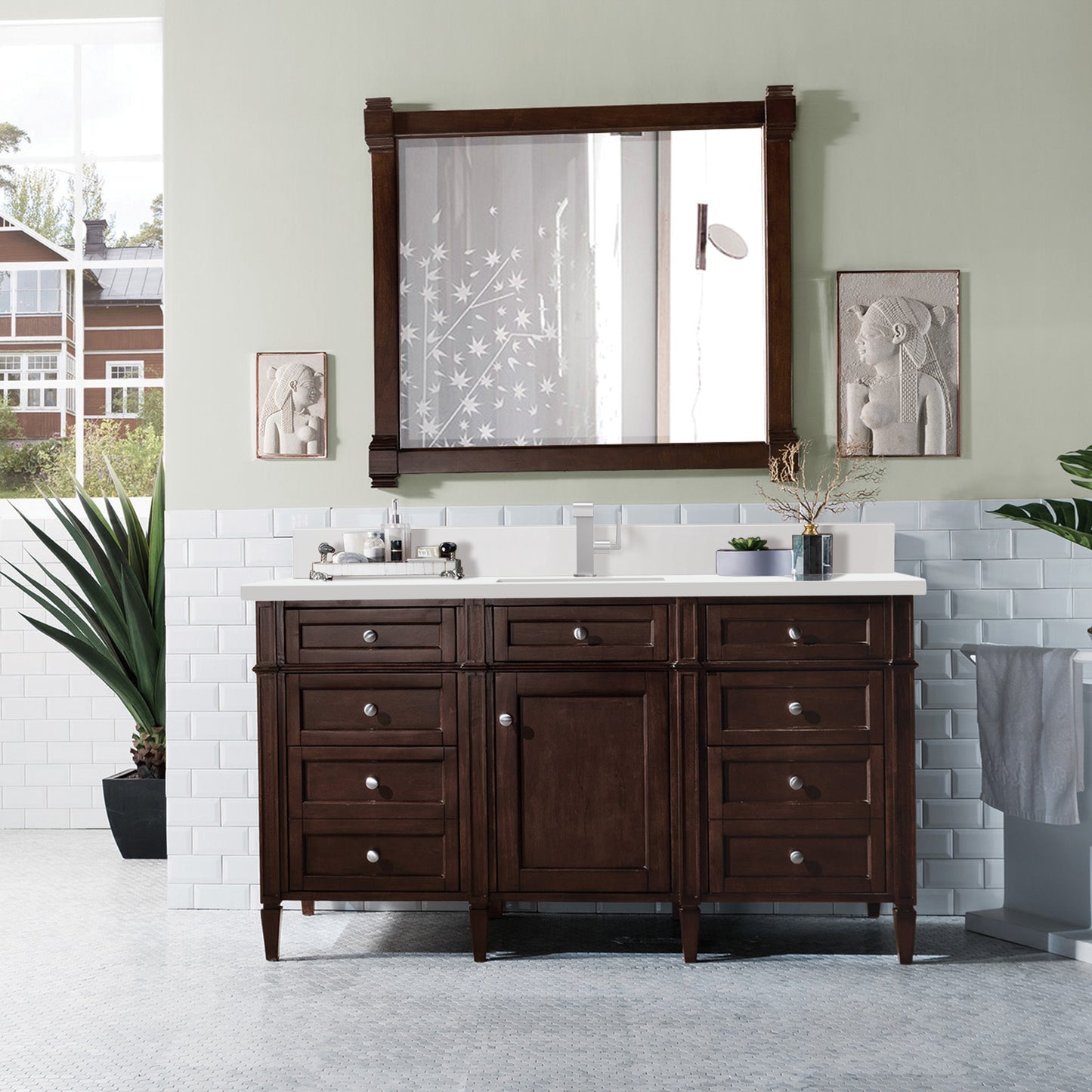 Brittany 60" Single Vanity, Burnished Mahogany w/ Single Hole 3 CM White Zeus Silestone Top & Backsplash