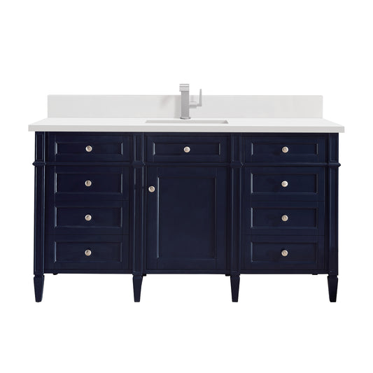 Brittany 60" Single Vanity, Victory Bleu w/ Single Hole 3 CM White Zeus Silestone Top & Backsplash