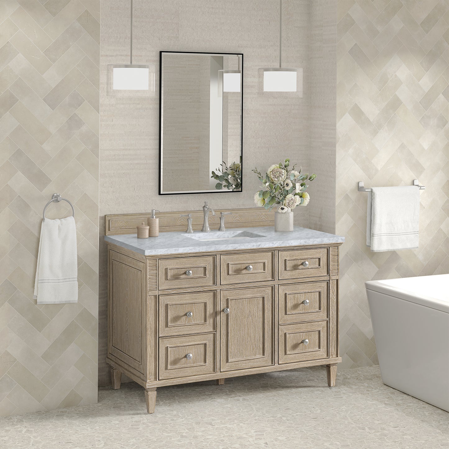 Lorelai 48" Single Vanity, Whitewashed Oak w/ 3 CM Carrara White Marble Top