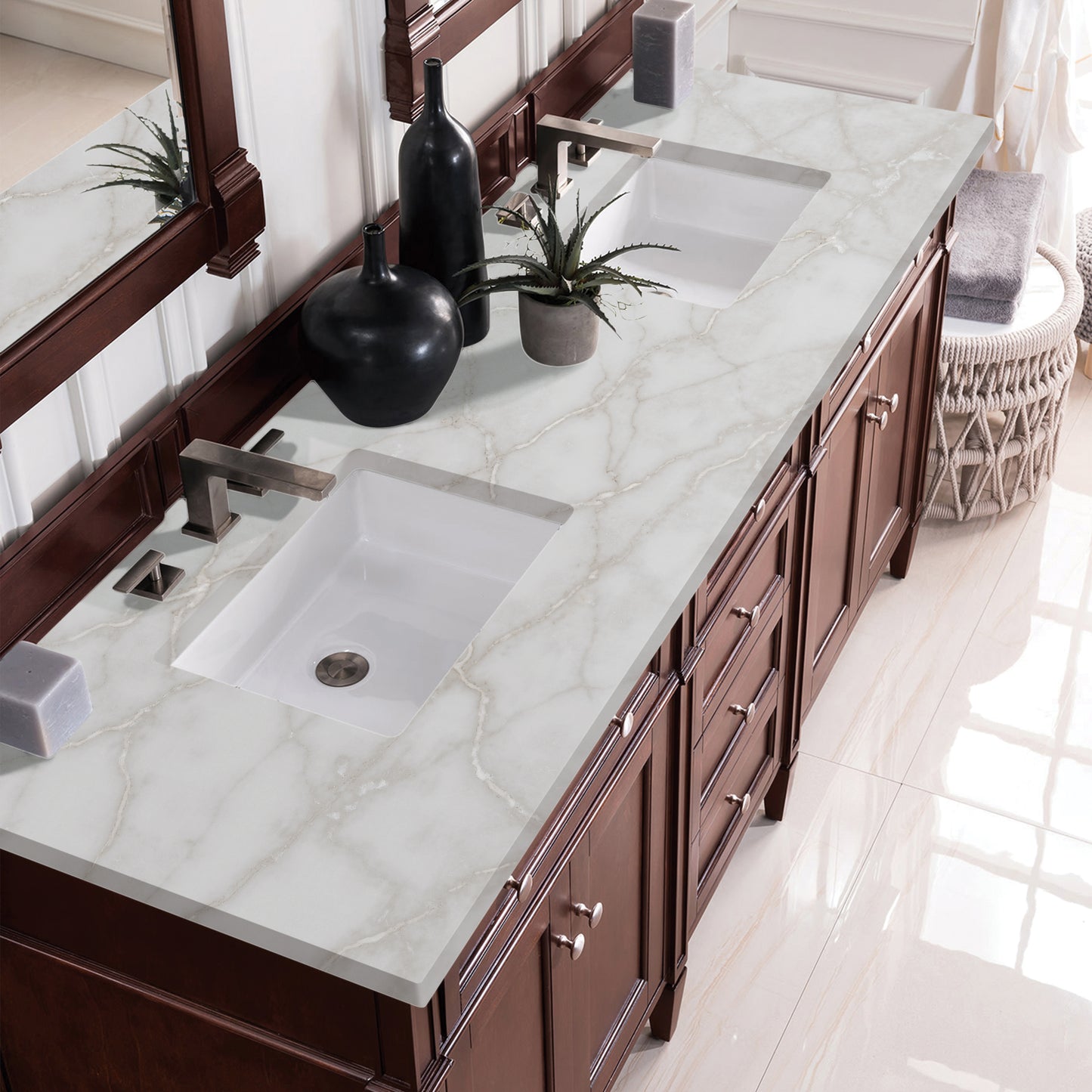 Brittany 72" Double Vanity, Burnished Mahogany w/ 3 CM Victorian Silver Silestone Top