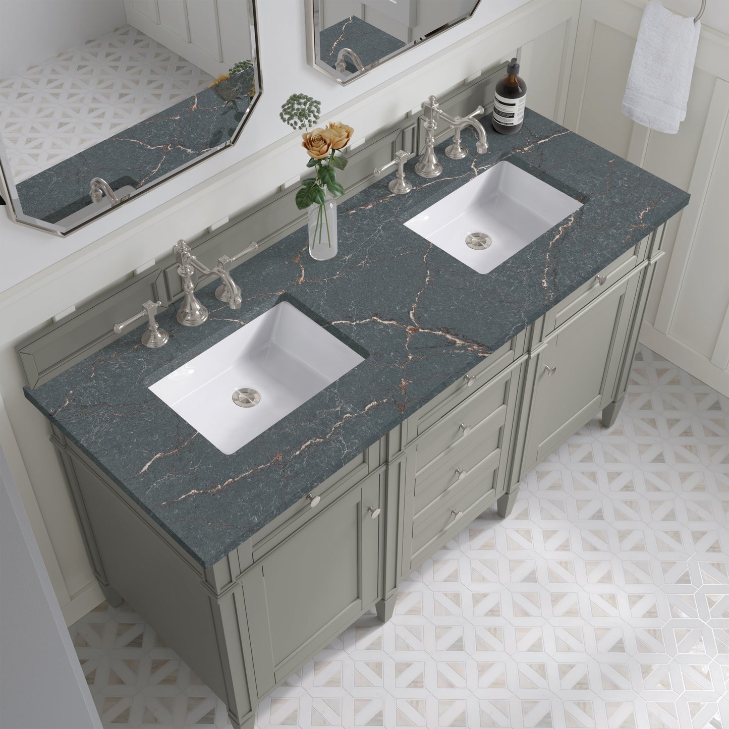 Brittany 60" Double Vanity, Urban Gray w/ 3 CM Parisien Bleu Silestone Top