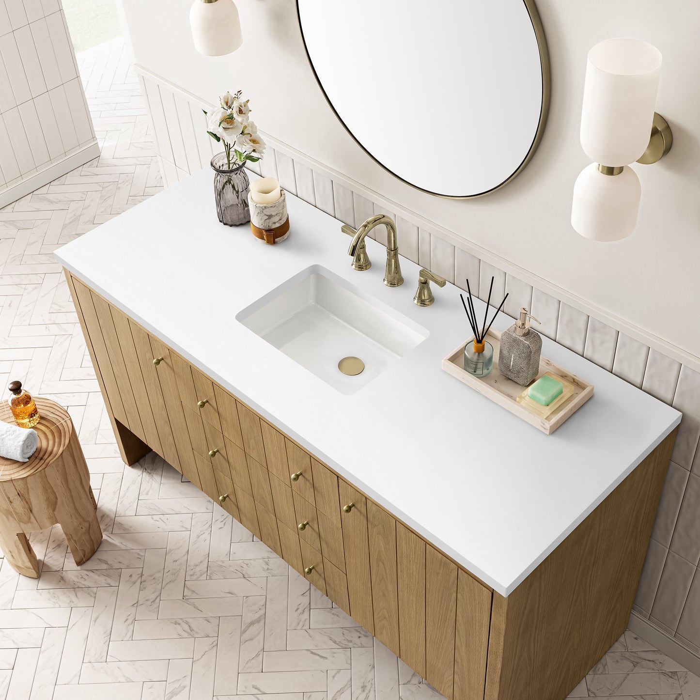 Hudson 60" Single Vanity, Light Natural Oak w/ 3 CM White Zeus Top