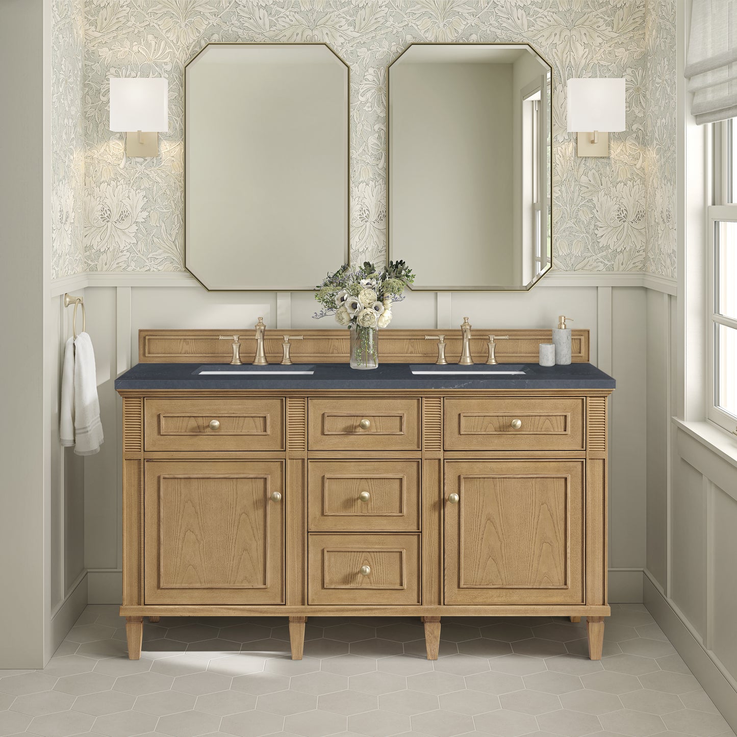 Lorelai 60" Double Vanity, Light Natural Oak w/ 3 CM Charcoal Soapstone Silestone Top