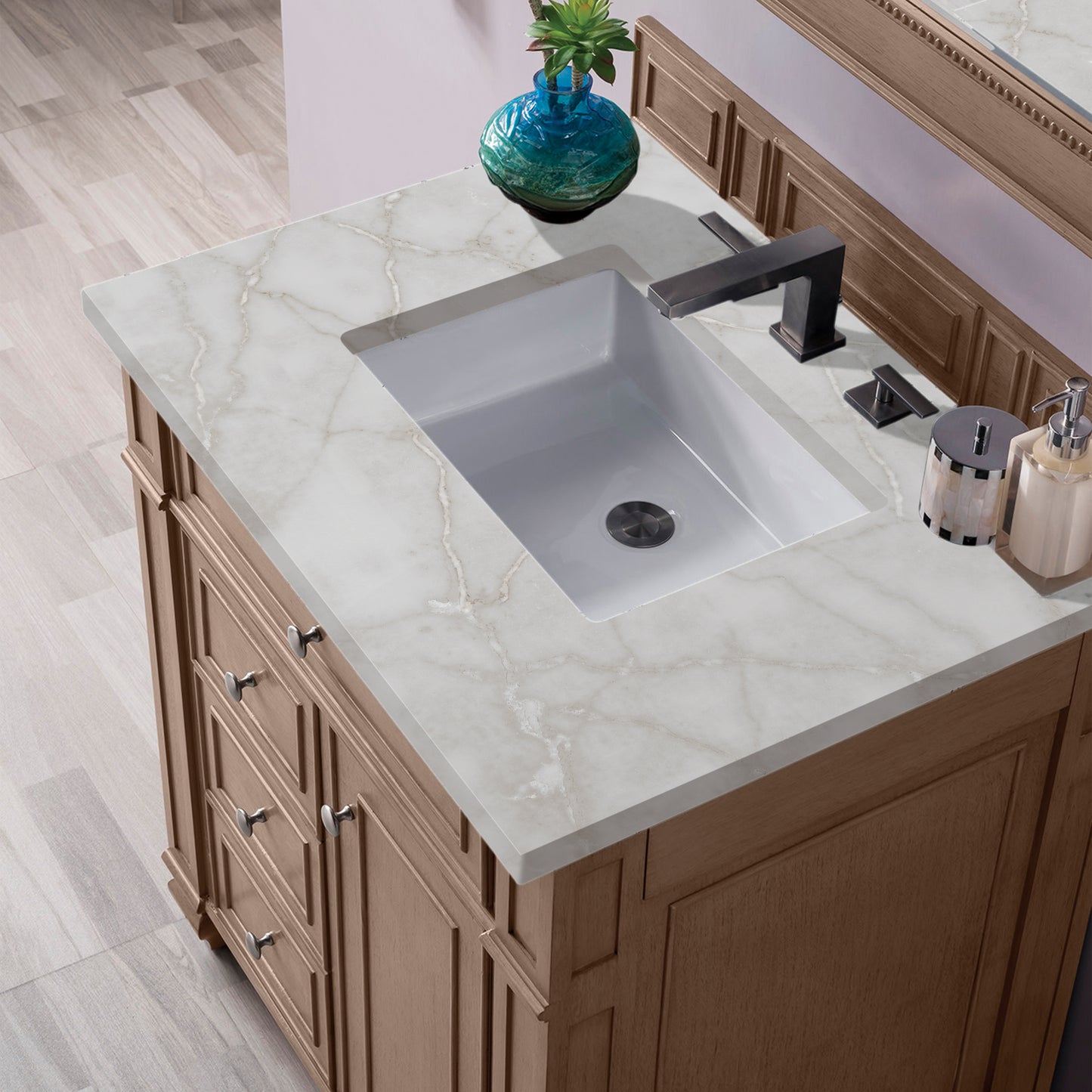 Bristol 30" Single Vanity, Whitewashed Walnut w/ 3 CM Victorian Silver Silestone Top