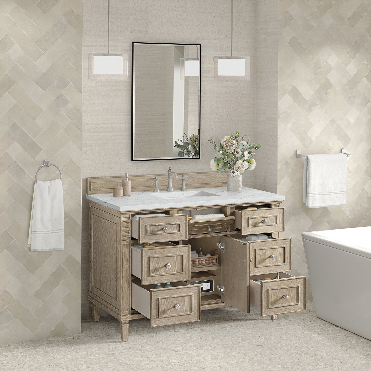 Lorelai 48" Single Vanity, Whitewashed Oak w/ 3 CM Ethereal Noctis Silestone Top