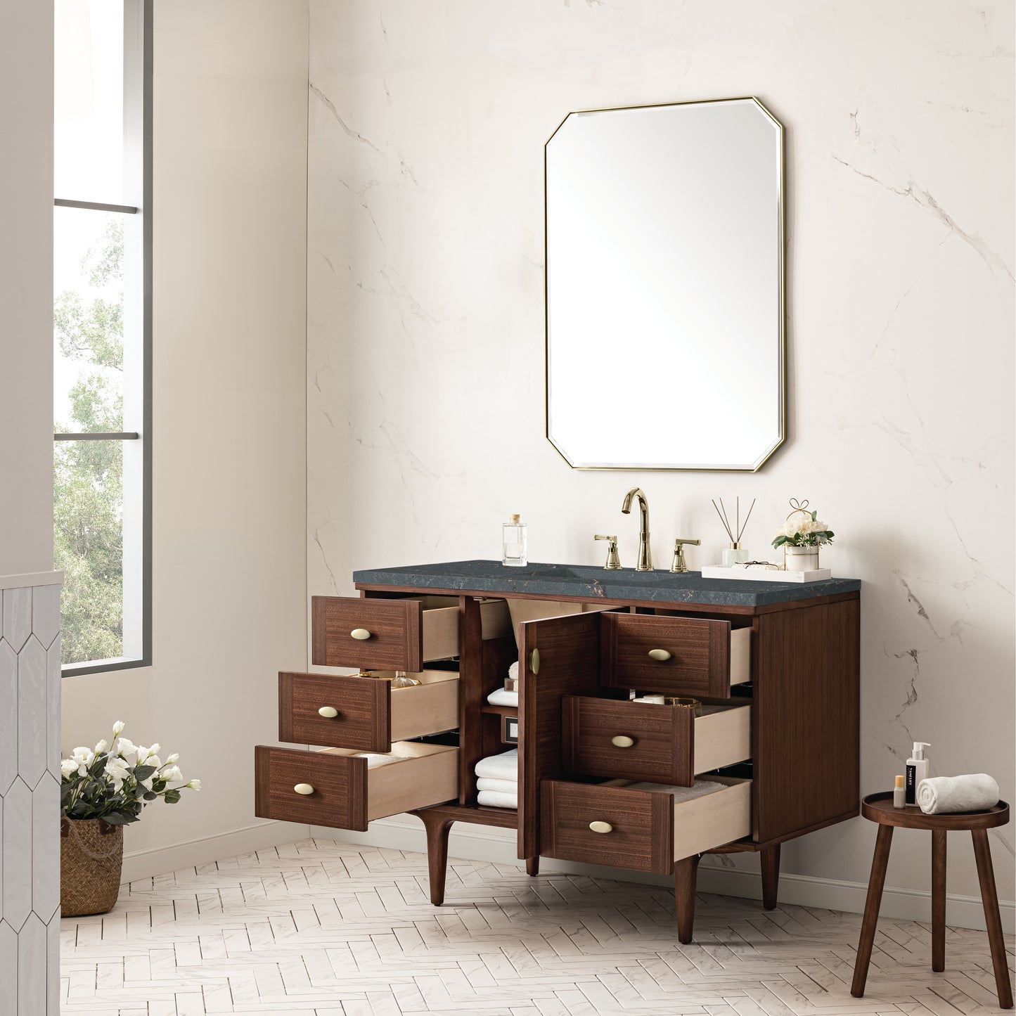 Amberly 48" Single Vanity, Mid-Century Walnut w/ 3 CM Parisien Bleu Top