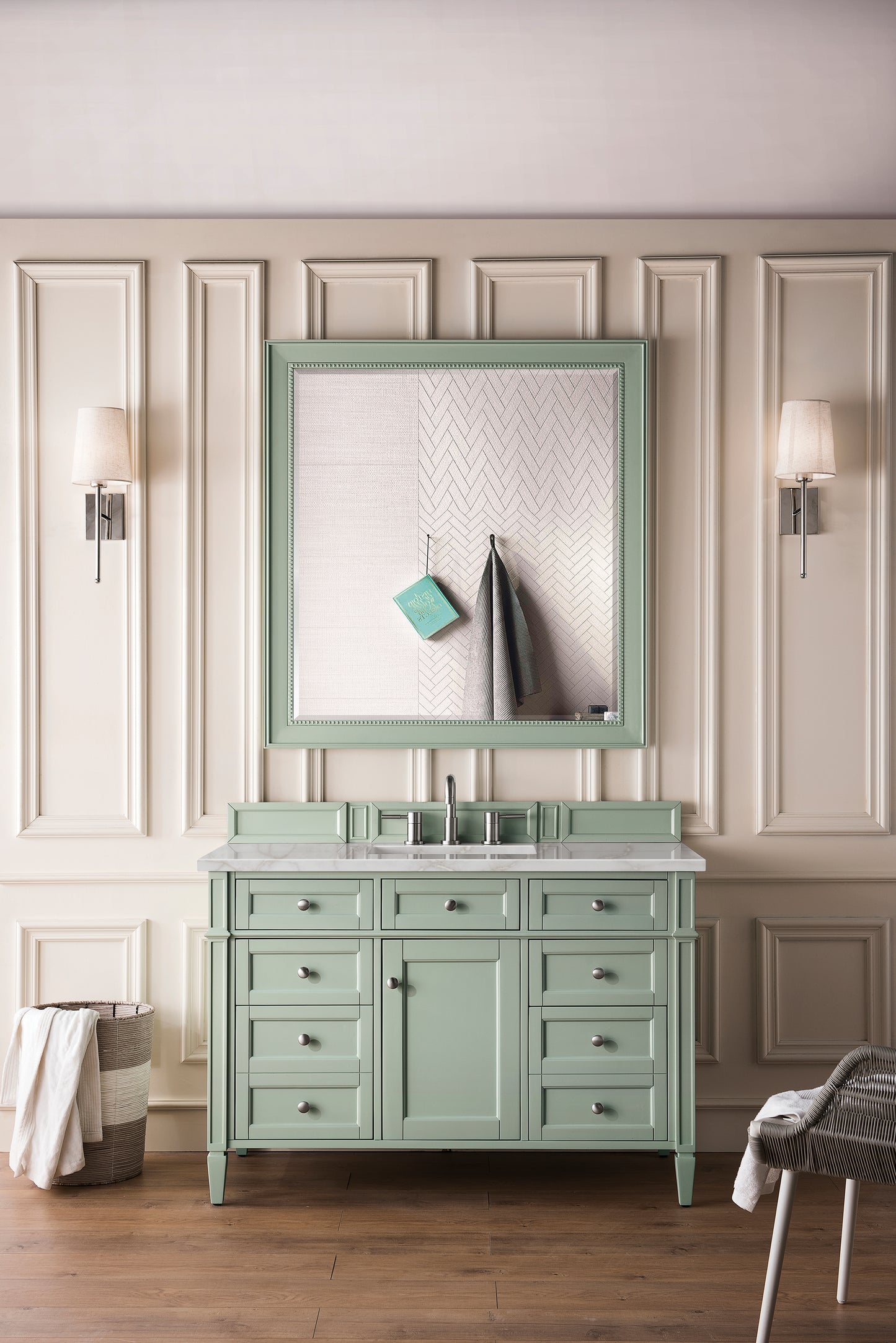 Brittany 48" Single Vanity, Sage Green w/ 3 CM Victorian Silver Silestone Top
