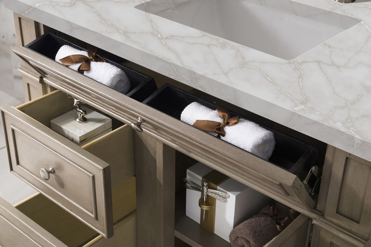 Bristol 36" Single Vanity, Whitewashed Walnut w/ 3 CM Victorian Silver Silestone Top